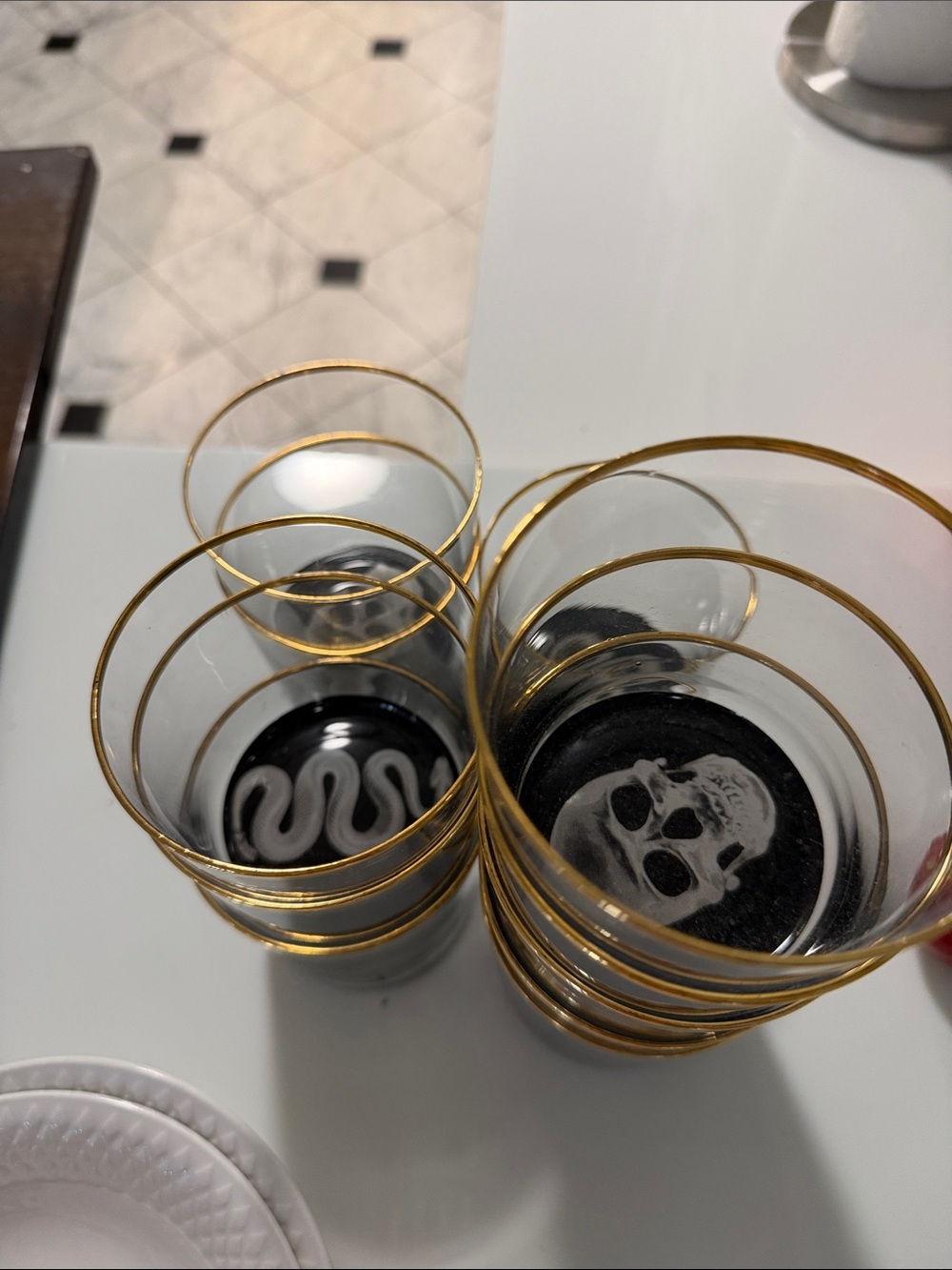 Vintage Clear Glass Tumblers with Gold Rims and Etched Designs (11)